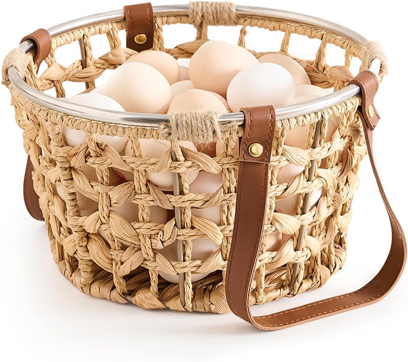 LGENHOOM Farmhouse Wicker Egg Basket for Collecting Fresh Eggs, Round Storage Basket with Handle, Brown, Sea Grass - Image 1